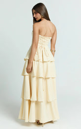 Suzy Midi Dress - Tiered Ruffle Lace Up Dress in Lemon